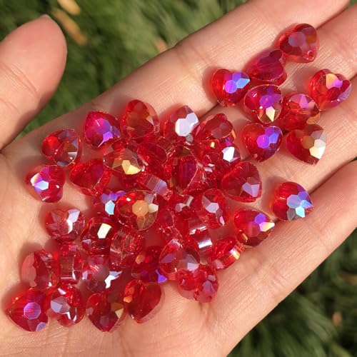 70pcs 8mm Valentine's Day AB Red Faceted Heart Beads for Jewelry Making Crystal Glass Beads for Bracelets Necklace Crafts, Friendship Bracelet Kit, Love Gifts - color: AB Red
