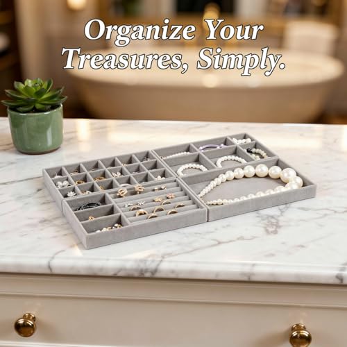 8 Pcs Jewelry Drawer Organizers, Velvet Jewelry Trays for Drawer, Stackable Jewelry Trays Ideal for Rings, Earrings, Bracelets, Necklaces, Gray - color: Gray