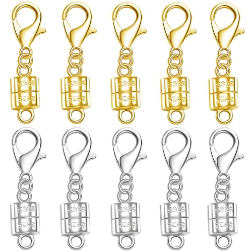 925 Silver Magnetic Necklace Clasp with Lobster Clasp,Magnetic Necklace Clasps and Closures for Bracelet Necklace Extender (5golden+5silvery) - color: 5golden+5silvery