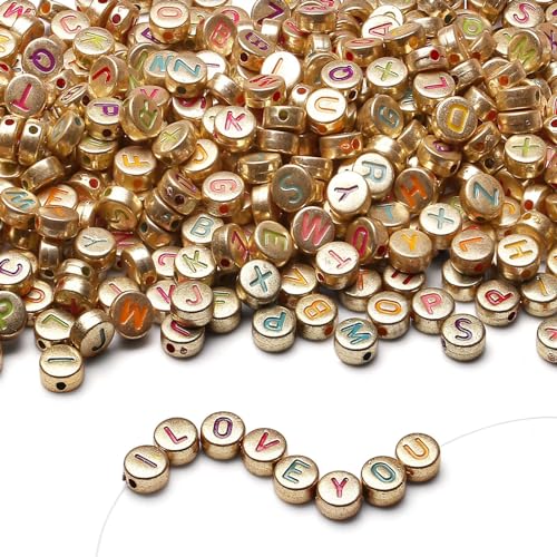 LAIDANLA 1500PCS Acrylic Letter Beads Alphabet Colorful Letters Gold Round Bead 7×4mm for Jewelry Bracelets Necklaces Key Chains Making - color: G-Colorful Letter Gold Beads