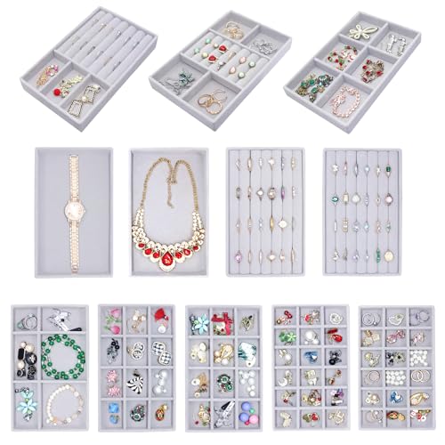 12 Set Jewelry Tray Velvet Jewelry Drawer Organizer Necklace Bracelet Display Tray for Earring, Ring, Brooch, Watch - color: Grey, size: 12 Pcs