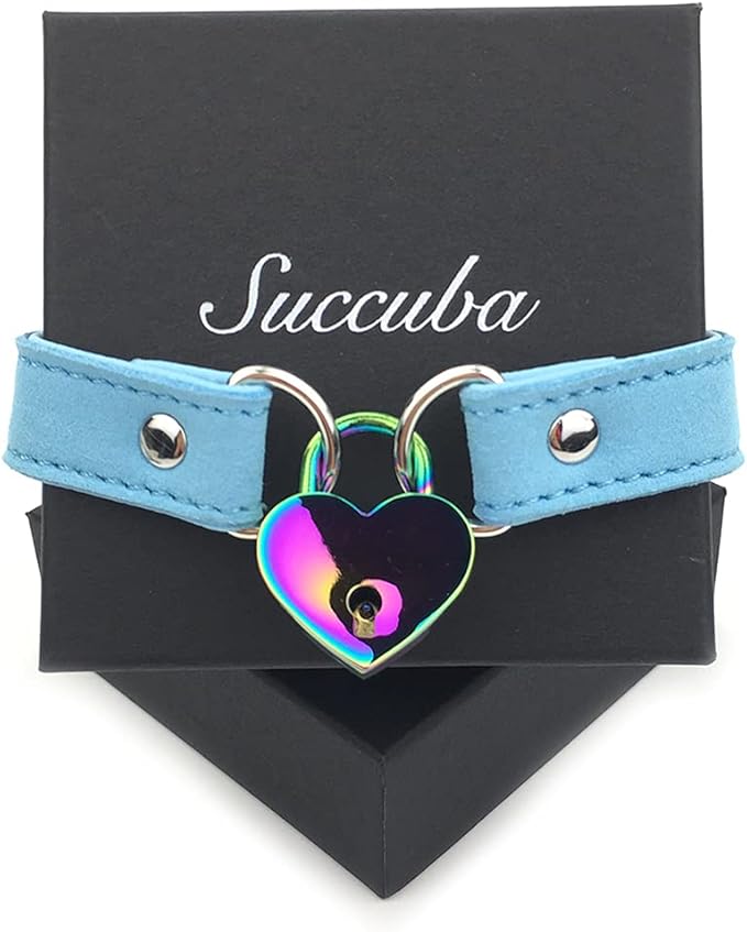 Succuba Padlock Choker Collar Necklace with Lock and Key Heart Lock Choker for Women and Men (G, 14)