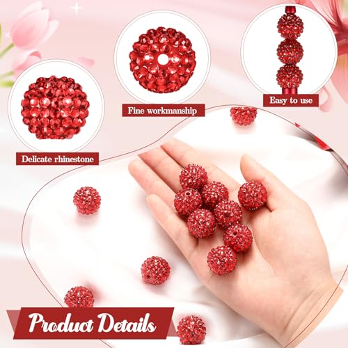 40 Pcs 20 mm Rhinestone Beads Bulk Crystal Round Disco Ball Chunky Bubblegum Beads for Pens Bracelets Charms Craft European Style Jewelry Making Supplies Christmas(Red) - color: Red