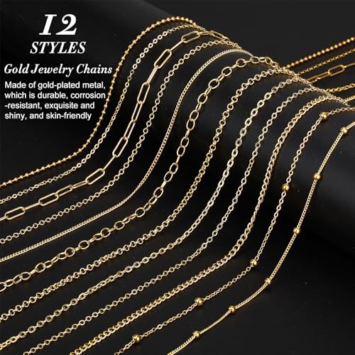 12 Rolls 39.4 Feet Gold Chains for Jewelry Making DIY Necklace Bracelet Chains Bulk Kit 178 Bracelet Charms 350 Jump Rings 80 Lobster Clasps Pliers Accessories Mother Day Graduation DIY Gift for Women