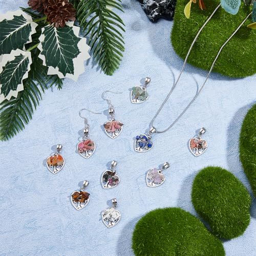 SUPERFINDINGS 36Pcs Tree of Life Charms Colorful Heart Stone Chips Charms Antique Silver Wire Wrapped Crystal Pendants for Jewelry Making Necklace Earrings Bracelet DIY, Hole: 2mm