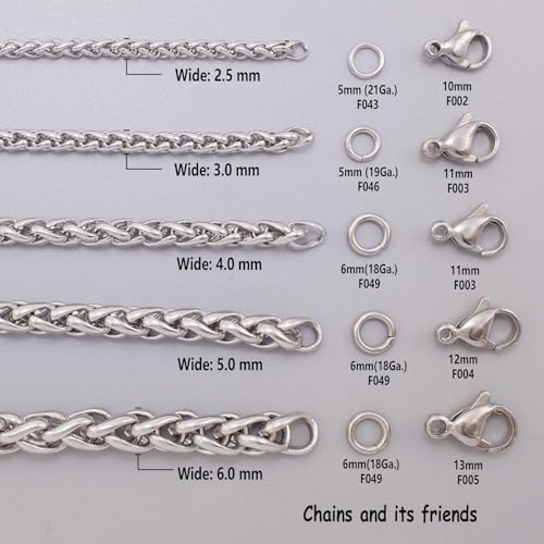 THREENEST 16.4-Feet Width 5mm Stainless Steel Wheat Chains, Permanent Craft Braided BSK Chains for Necklace Bracelet Earring Jewelry Making - color: Stainless Steel, size: Wheat Chains(width 5mm)
