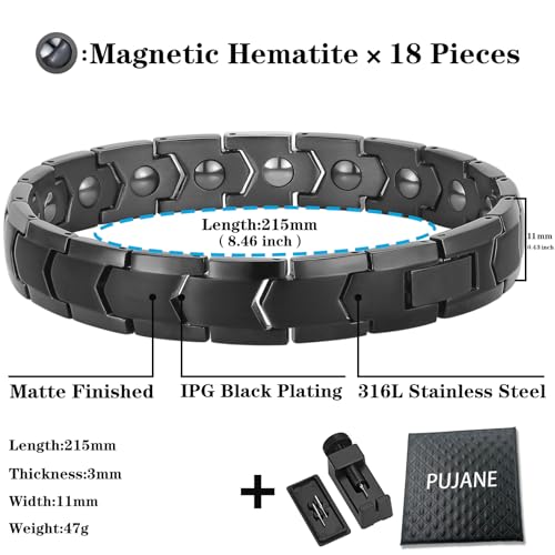 Magnetic Hematite Bracelets for Men Women 316L Stainless Steel Power Balance Energy Magnets Stones Bracelet Jewelry Gift with Adjustment Tool - color: Black