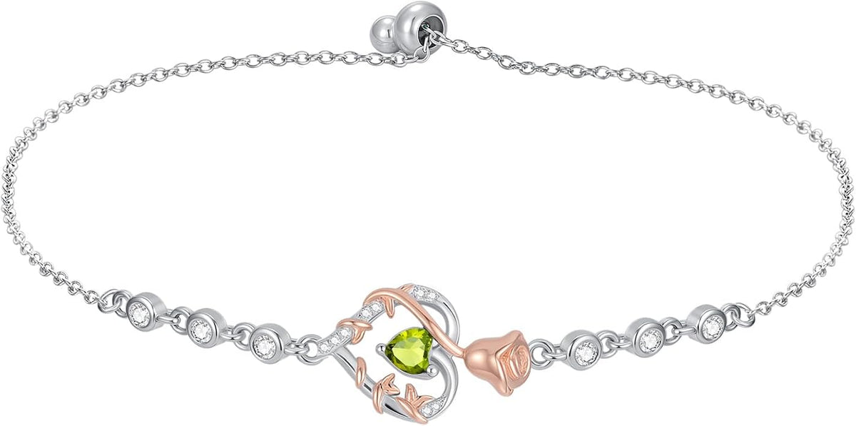 Birthstone Charm Link Bracelet 925 Sterling Silver Rose/Heart/Mom Bracelet with 12 Months Birthstone Mother's Day Gift Jewelry Gifts for Women,Chain Length 7"+2" Extend