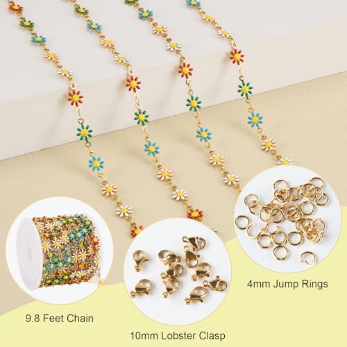 SMYHTGLIF 9.8 Feet Gold Daisy Jewelry Chain Stainless Steel Chain for Jewelry Making Colorful Flower DIY Making Findings - color: Colorful Gold