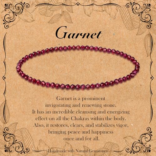 BONNY BOXX Natural Genuine Gemstone Faceted Round Beads Bracelets, 3mm Adjustable Stretchy Tiny Faceted Black Tourmaline Bracelet, Healing Crystal Reiki Chakra Dainty Jewelry Fashion Gifts - color: Garnet