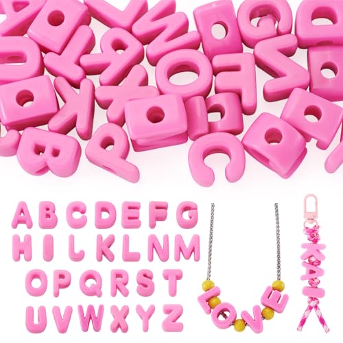 Hot Pink Slide Letter Beads, 26Pcs Large Alphabet Bead Charm Block 3D Initial Beads with Horizontal Hole for Wristbands Bracelets Necklace Choker Jewelry Making - color: Hot Pink, Letter A~Z