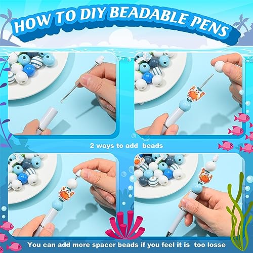 Colarr 24 Sets Plastic Beadable Pens DIY Pens Making Kit Assorted Wood Beads Crystal Spacer Black Ink Ballpoint for Women Crafts Office Family Gifts(Sea Animals) - style: Sea Animals