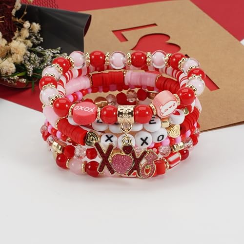 6PCS Valentine’s Day Clay Heishi Bracelet Set for Women- Red Pink Heart Love KISS XOXO Beaded Stretch Bracelets - Handmade Polymer Clay Crystal Glass Stackable Jewelry Gift for Galentine's Anniversary - color: LOVE-07