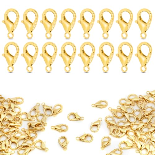 CooBigo 120pcs 12mm Lobster Clasps, Tiny Metal Alloy Lobster Claw Clasps for Necklace Bracelets Clip, Keychain Ring, Jewelry Making Accessories (Gold) - color: 12mm Lobster Clasps Gold