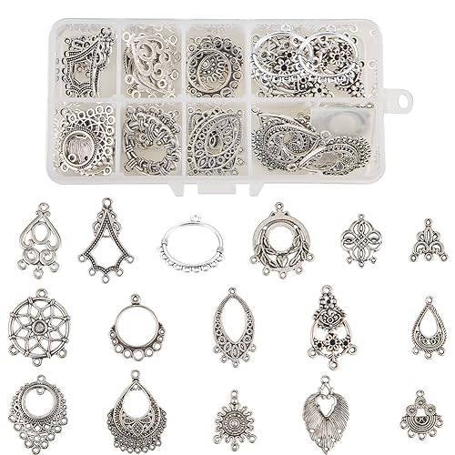 SUNNYCLUE 1 Box 64Pcs 16 Style Tibetan Earring Chandelier Charms Connector Linking Charm Findings Jewelry Making for Earring Drop and Charm Antique Silver Components - color: 64pcs 16 Styles Antique Silver