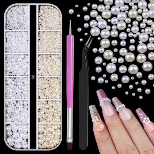 2100Pcs Flatback Nail Pearls Gems, 1.5-5mm White Beige Beads Half Round Nail Charms Beads with Pickup Pencil and Tweezers for Crafting Face Hair Manicure (11-K1-half-pearls-beige-white) - color: 11-K1-half-pearls-beige-white
