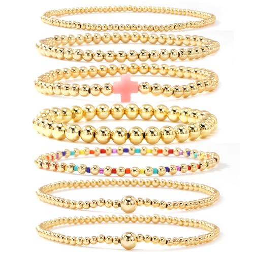 14K Gold Beaded Cross Beaded Bracelet Stack Set for Women,7PCS Bohemian Colorful Beads Ball Stretch Stackable Bracelets Trendy Holiday Birthday Gift - color: Pink