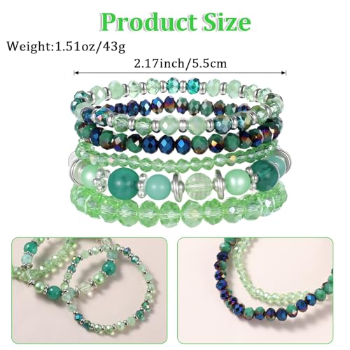 5Pcs Beaded Bracelets for Women, Bohemian Glass Faceted Crystal Beads Bracelet, Stackable Boho Disco Ball Stretch Bracelets, Multilayered Purple Jewelry Gift for Women, Mother's Day - color: Green