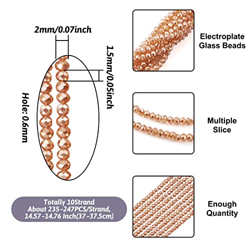 FASHEWELRY 10 Strands Briolette Crystal Glass Beads 2mm Rondelle Faceted Glass Spacer Beads Pearl Luster Plated for Necklace Bracelet Jewelry Making (Sandy Brown) - color: Sandy Brown, size: 2mm