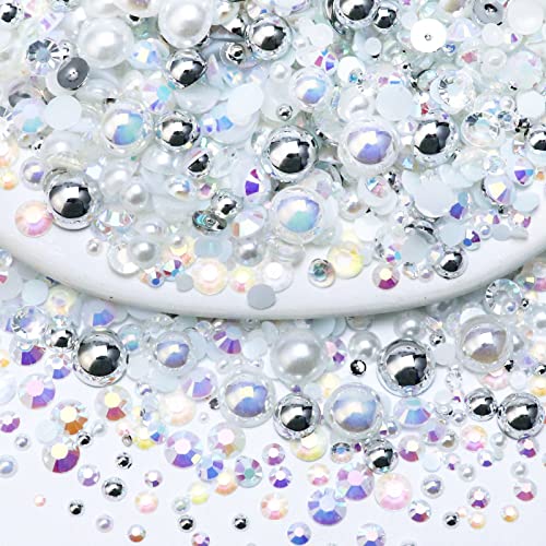 Towner 60g Mixed Pearls and Rhinestones, Flatback Rhinestones and Pearls for Crafts Tumblers Shoes Nails Face Art, 2-10mm Mixed Sizes, White|Silver|Clear - color: In the Clouds Blend | Mix White | Silver | Clear