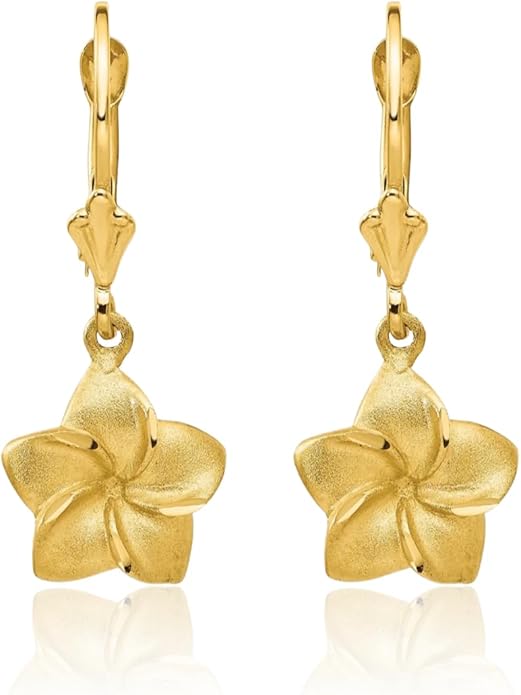 14K Yellow Gold Plumeria Drop Dangle Earrings for Women Flower Motif Lever Back Solid Small Fine Jewelry Gift Floral Nature