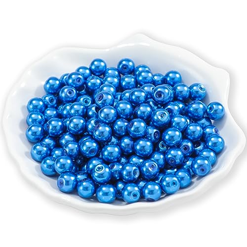 200Pcs Glass Pearl Beads Faux Pearls Round Czech Tiny Satin Luster Spacer Loose Beads Bulk with Holes Handcrafted for DIY Bracelets Jewelry Making Crafts Supplies (6MM, Royal Blue) - color: Royal Blue, size: 6MM