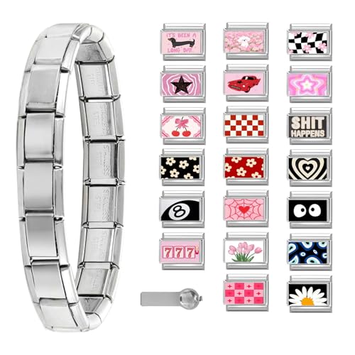 Italian Charms Bracelet Sets with 1Pcs Starter Brascelet 9Pcs Charms 9mm Italian Modular Charm Bracelet DIY Module Jewelry Gifts - color: B-Starter Bracelet Set-20PcsBlack