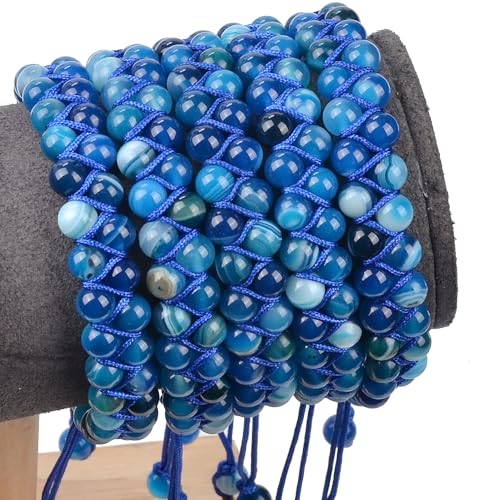 MASSIVE BEADS Double Layer Natural Chakra Healing Power Crystals Macrame Bracelet Yoga Stone Beads Gemstone Meditation Relax Anxiety Bangle for Unisex Women Men - color: Blue Stripe Agate, size: 4mm