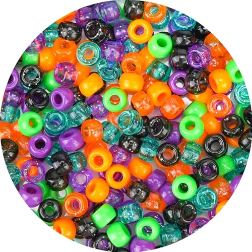 1000Pcs Halloween Pony Beads Bulk – 6x9mm Kandi Beads in Orange, Black, Purple, Green for Bracelets, Hair Braids, Jewelry Making, DIY Crafts, Party Supplies - color: Halloween Edition