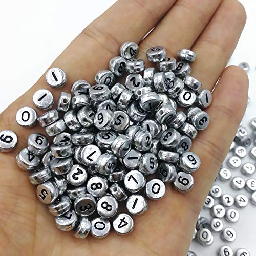 Amaney 500pcs Silver Acrylic Number Beads 7x4mm Mixed Number Beads Acrylic Plastic Round Shape Loose Beads - color: Silver, size: 7x4mm
