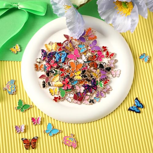 MARFOREVER 120 Pcs Butterfly Charms for Jewelry Making, Mixed Butterflies Charms Assorted Gold Enamel Butterfly Pendants for DIY Necklace Bracelet Earrings Making Supplies Gifts for Mother Women Girls - style: Butterfly
