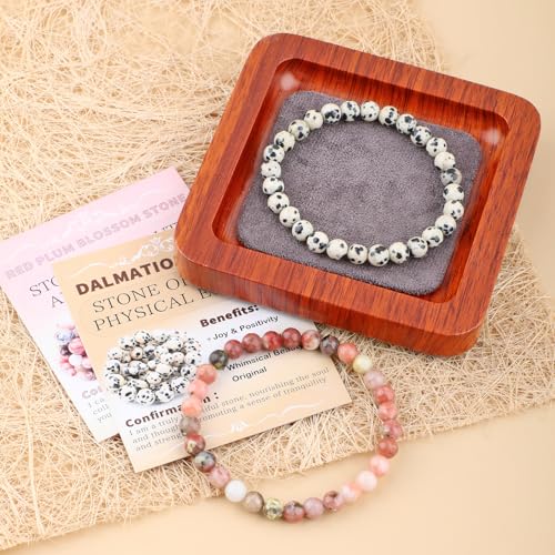 NCB 2.3-Piece 4mm Natural Crystal Gemstone Stretch Bracelets – Handmade Reiki Energy Healing Jewelry for Meditation,Yoga, Unisex - color: 2PCS ( Dalmation Jasper+Red Plum Blossom Stone ), size: 6mm