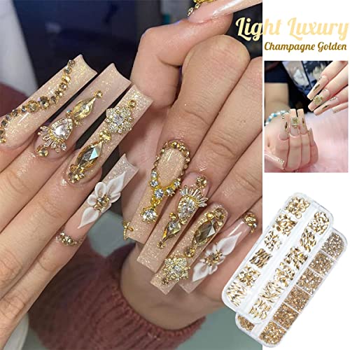 qiipii 4080Pcs Champagne Golden Nail Rhinestones Flatback Gold Crystals Gems Round Beads K9 Glass Stones Diamonds Jewels Nail Art Supplies Nail Charms Supplies for Nails Faces Eyes Makeup Body Beauty - color: Champagne Gold, size: B Set