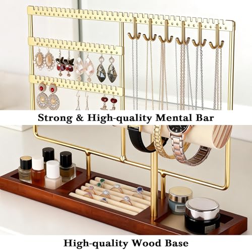 Ciormis Jewelry Stand Organizer, 5 Tier Jewlery Holder Towers Earring Display Rack with 72 Holes and 12 Hooks Necklace Hanger Tree for Necklace Bracelet Stud Earring Ring Women Mothers Gift (Gold) - color: Gold-new