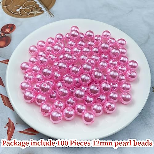 Pinhoollgo 100pcs Pearl Beads 12mm Round Pearl Beads with Hole for DIY Bracelet Necklace Jewelry Making Supplies Handmade Craft(Pink) - color: Pink, size: 12mm/100pcs