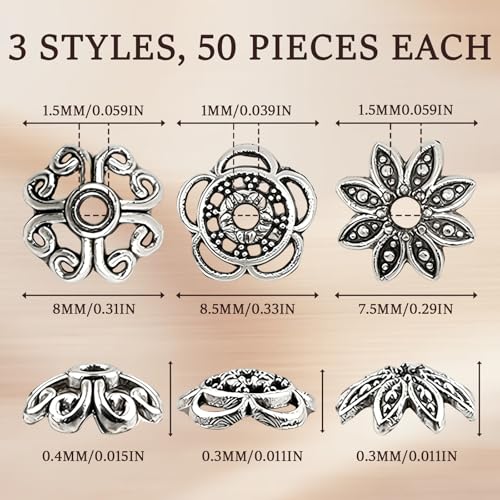 150Pcs Flower Spacer Beads Caps, Antique Silver Flower Spacer Bead Caps Bali Style, 3 Styles Vintage Ring Spacer Cap for DIY Bracelet Necklace Earrings Jewelry Making Supplies