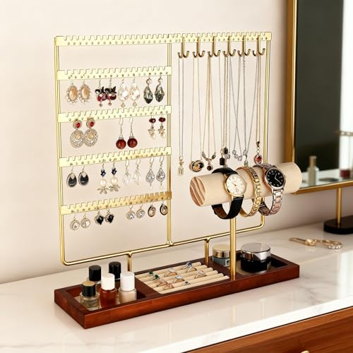Ciormis Jewelry Stand Organizer, 5 Tier Jewlery Holder Towers Earring Display Rack with 72 Holes and 12 Hooks Necklace Hanger Tree for Necklace Bracelet Stud Earring Ring Women Mothers Gift (Gold) - color: Gold-new