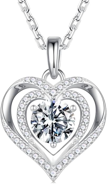 MOOSEA Valentines Day Gifts for Her - 925 Sterling Silver Double Heart Moissanite Necklace, 1-3 Carat VVS1 Clarity Lab Created Moissanite Anniversary Birthday Gift for Women Wife Girlfriend Mom