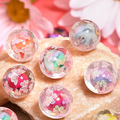 15Pcs Acrylic Beads Round 16mm UV Bead in Bead with Butterfly Print Fit for DIY Jewelry Bracelet Necklace Keychain Beadable Pens Mobile Phone Chain Making Cute (Butterfly-White) - color: Butterfly-White