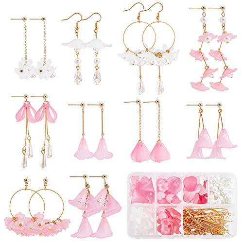 SUNNYCLUE 1 Box DIY 10Pairs Acrylic Flower Charms Petal Charms Earrings Making Kit Pink Flower Pendants Faceted Glass Beads Imitation Pearl Beads Post Earring Findings Ear Hooks Adult Women - color: Diy 10 Pairs Acrylic Flower Pink Earrings