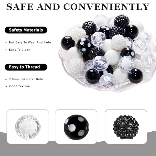48 Pcs 20mm Beads for Pens Rhinestone Bubblegum Beads Mixed Crystal Acrylic Round Chunky Bead Sparkly Craft Large Balls Bead for Pen Beadable Keychain Bracelet Necklace DIY Jewelry Making Supplies - color: Black series