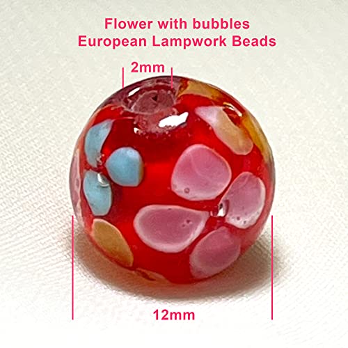 Artsy Crafts 20 Pcs 12mm Lampwork Flower Glass Beads, European Murano Glass Beads, Handmade Loose Crystal Beads for Jewelry Making Charm Bracelet Necklace Earrings Rosary (Red) - color: Red