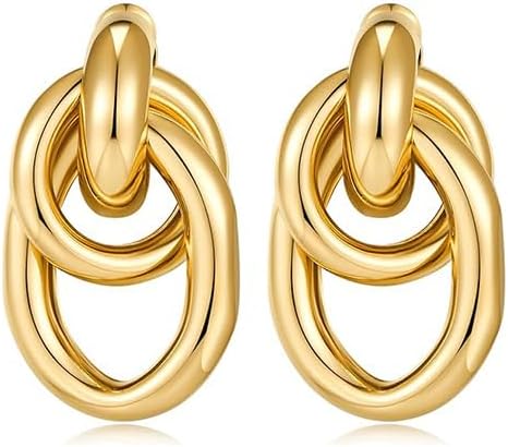 Gold Earrings for women Trendy - 14K Gold Plated Chunky Drop Dangle Knots Statement Earrings Hypoallergenic Lightweight Gold Jewelry Gifts