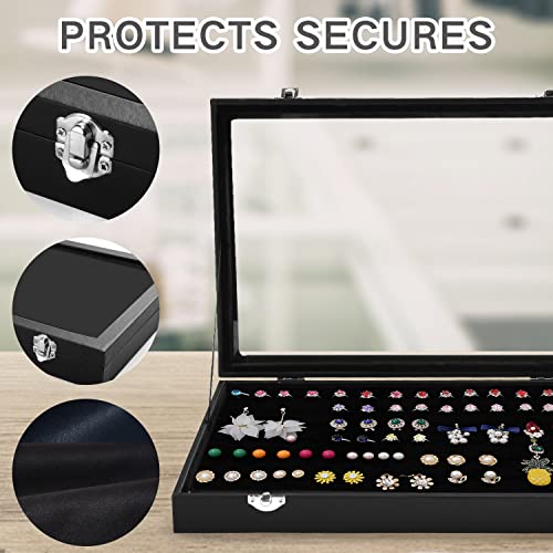 OSPNIEEK Ring Jewelry Organizer Box, 100 Slot Rings Display Storage Case Earring Showcase - Black Velvet Jewelry Stand Holder Tray with Transparent Glass Lid - Ideal Gift for Women Girls - size: 100 Slot