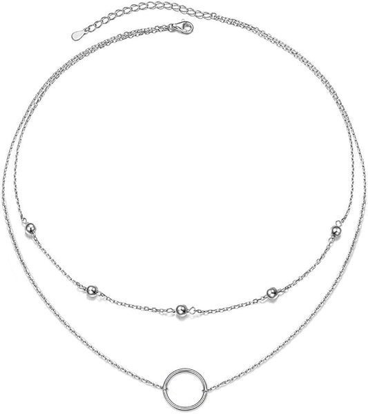 Circle Choker Layered Necklace S925 Sterling Silver Double Necklace for Women Simple Boho Choker Necklace Set Circle Womens TrendyJewelry Accessories