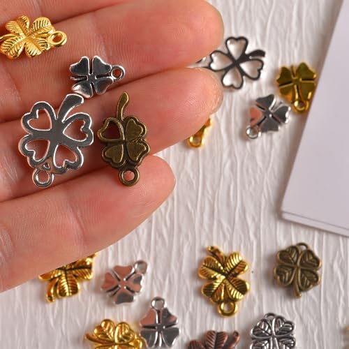 stino 100g Metal Pendant Charms for Jewelry Making, Bulk Silver & Gold Plated Charms for Braclet Necklace Crafts, Animal Plant Flower Pet and so on - color: Clovers Bronze & Gold