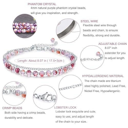 Peridot Stand Silver Gold Bracelets, Handmade Birthstone Stack Bracelet Crystal Gemstones Bead Chain Gift for Women, 8" - color: Silver-02-Amethyst