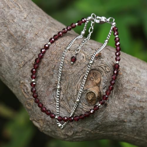 Peridot Stand Silver Gold Bracelets, Handmade Birthstone Stack Bracelet Crystal Gemstones Bead Chain Gift for Women, 8" - color: Silver-01-Jan Garnet