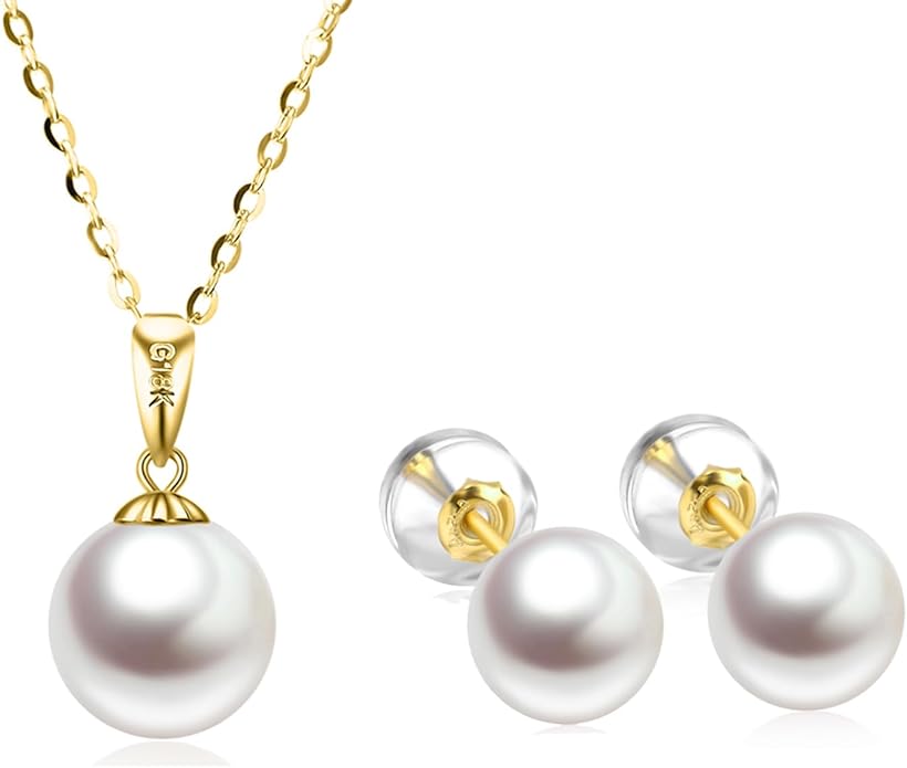 18k Gold Pearl Pendant Necklaces with 14k Chain, 18k Gold Pearl Earrings Jewelry Set for Women