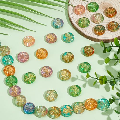 1 Box About 40Pcs Glass Flat Round Beads Metal Enlaced Flower Pink Green Transparent Bohemian Charm Golden Sunflower Paint Vintage Bead for Jewelry Making Bracelet Keychain Diy Craft Supply